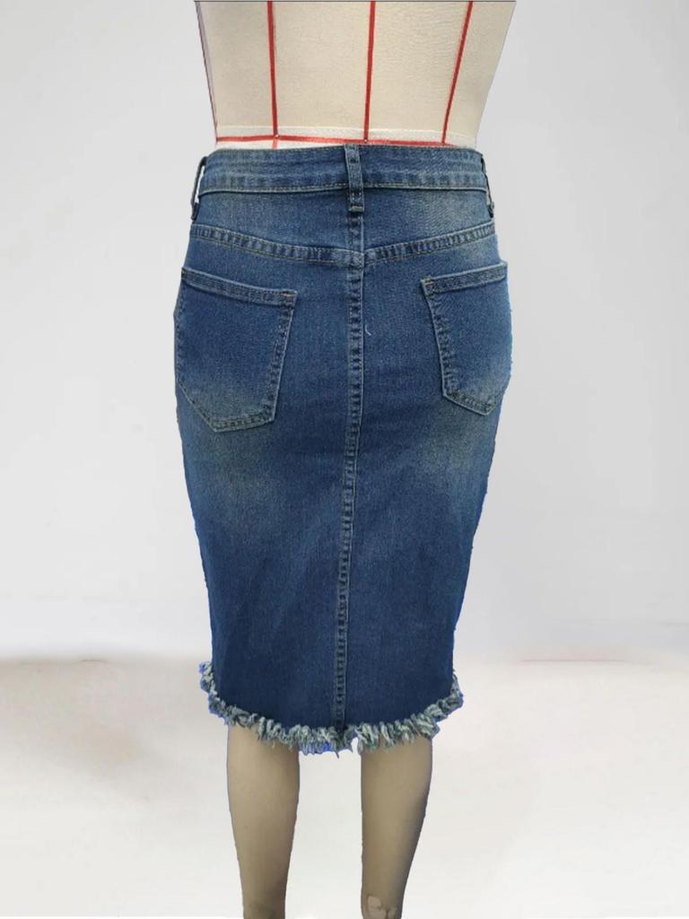 Gonna Midi in Denim a Vita Alta Sfilacciata: Dimagrante, A-line, Aderente ai fianchi