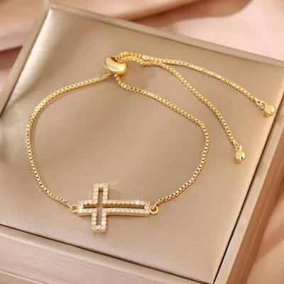 Stylish Copper Set Zirconium Cross Bracelet Men's AND WOMEN'S Gold Copper Color Simple Adjustable Chain Bracelet Party Zircon