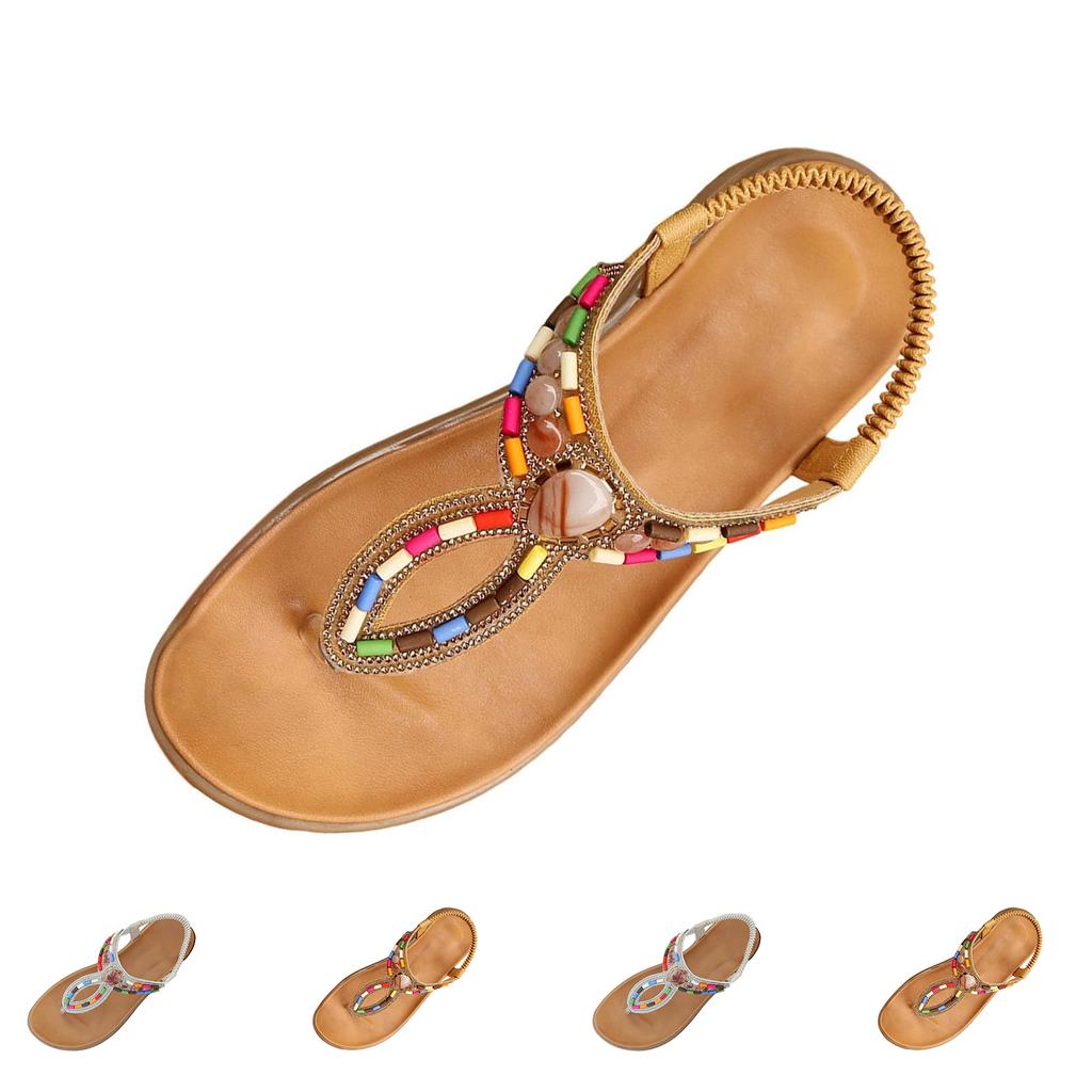 Bohemian Style Roman Toe Ring Beaded Flat Sandals for Women Casual Slip On Elastic Strap Beach Holiday Shoes