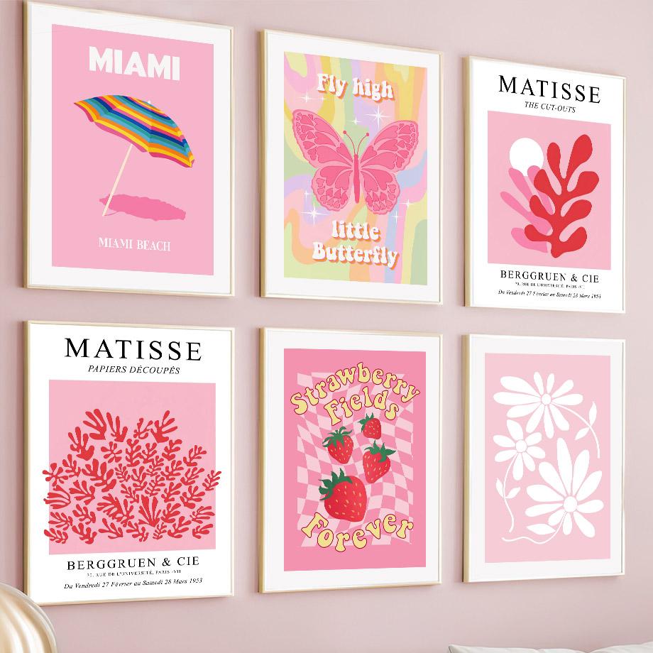 Ροζ Πεταλούδα Ματίς Κόκκινο Λουλούδι Παστέλ Αφηρημένη Τέχνη Τοίχου Καμβάς Ζωγραφική Αφίσες και Εκτυπώσεις Εικόνες Διακόσμηση Σαλονιού