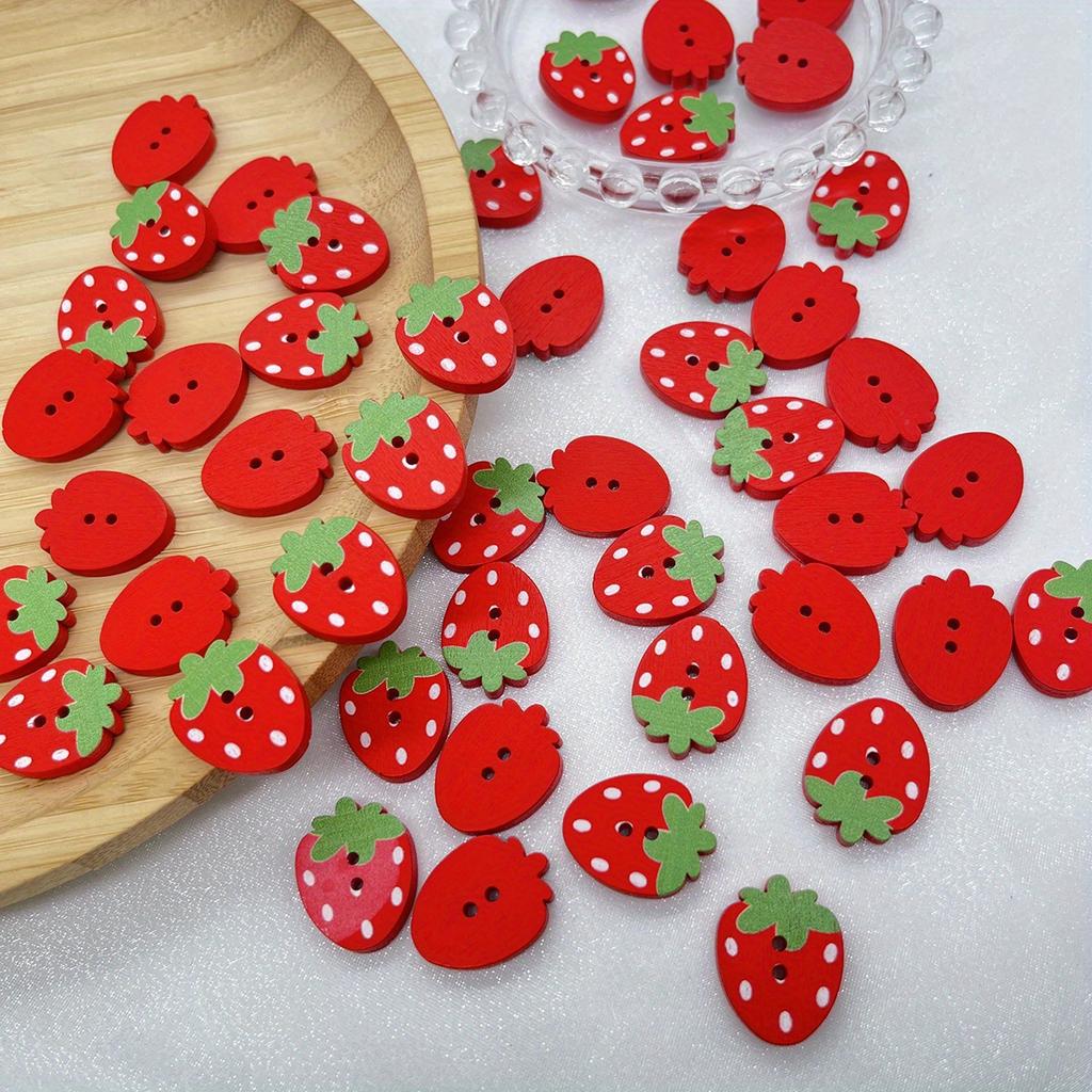 50pcs Strawberry-Shaped Wooden Buttons in Red and Pink for Scrapbooking, Sewing, DIY Crafts