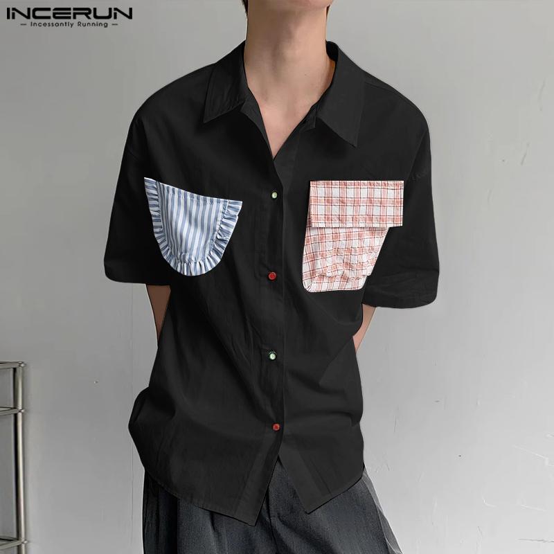 INCERUN Oversized Summer Men Lapel Neck Plaid Print Patchwork Buttons Casual Shirts