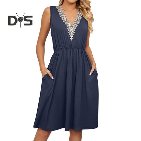 Damen Sommerkleid V-Ausschnitt Ärmellos Midikleider mit Taschen Lässiges Boho Strandurlaub Sommerkleider