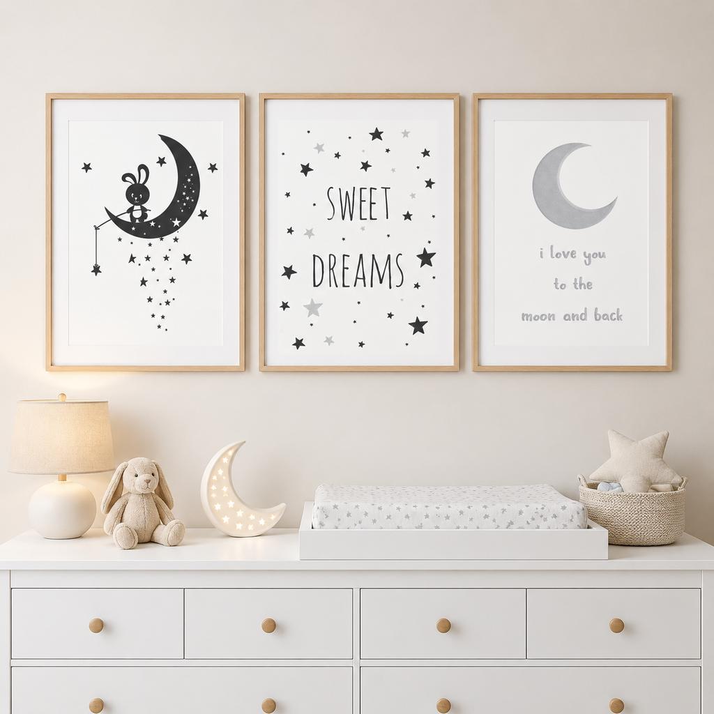 Nursery Wall Art, Black White Moon Star Canvas Painting, I Love You To The Quotes Poster Print for Kids Boy Girl Bedroom Decor