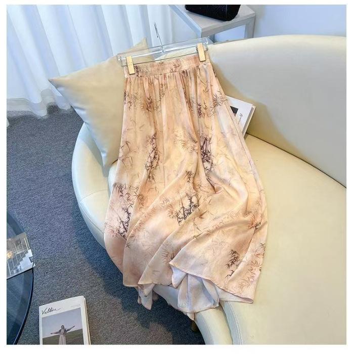 Digital printing four-sided elastic temperament women s skirt, ink painting printing Chinese style women s skirt temperament versatile M оранжевый