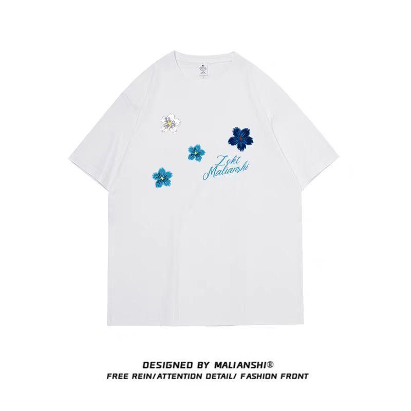 

Женская футболка с коротким рукавом из хлопка с синим цветочным принтом, повседневный топ с рукавом до локтя в стиле гуочао S