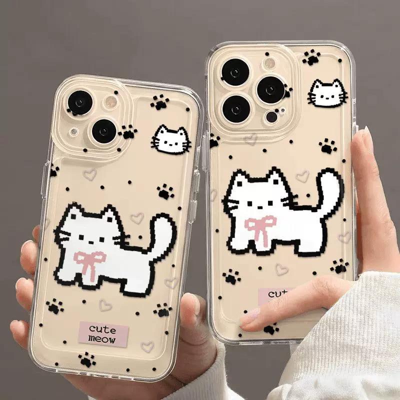 Cute Pixel Cat Clear Phone Case, Kawaii Kitty Heart Print Shockproof Protective Cover for iPhone