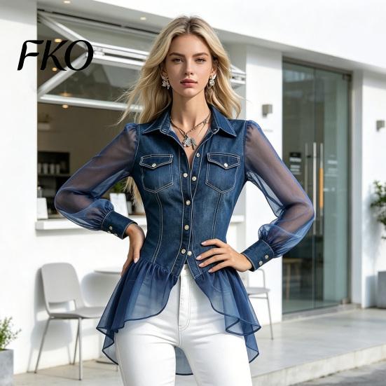 Women Mesh Detail Top Imitation Denim Tops for Women, Lapel Long Sleeve Shirt, Faux Blouse Patchwork Hem Blouse, Slim Fit Casual Work Party Date