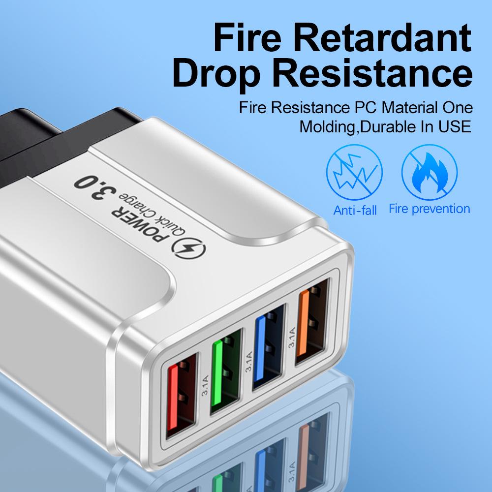Multi-Standard 4-Port USB Charger: 3A Mobile & Tablet Travel Adapter
