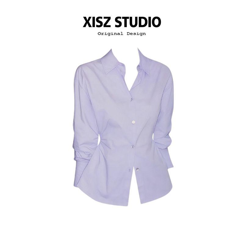 

Hong Kong Style Retro Light Purple Polo Collar Long-Sleeve Shirt for Women, Autumn Niche Solid Color Waist-Cinching Slimming Versatile Top Trendy Light purple S