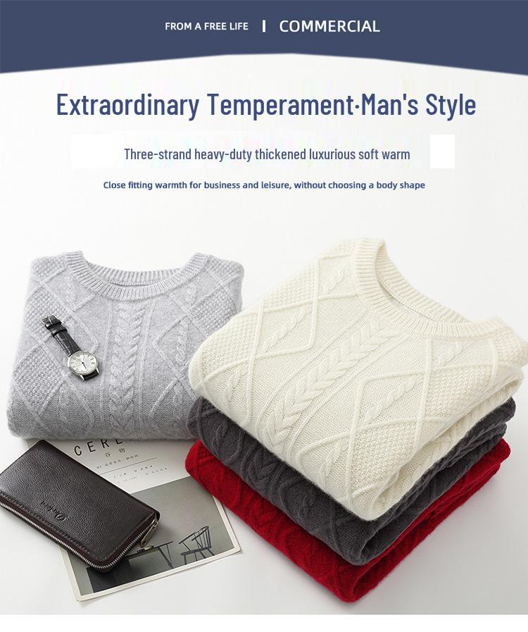 Men's British Style 100% Wool Sweater, Round Neck, 3D Cable Knit, Loose Fit, Five-Needle Thickened Casual Base Layer.