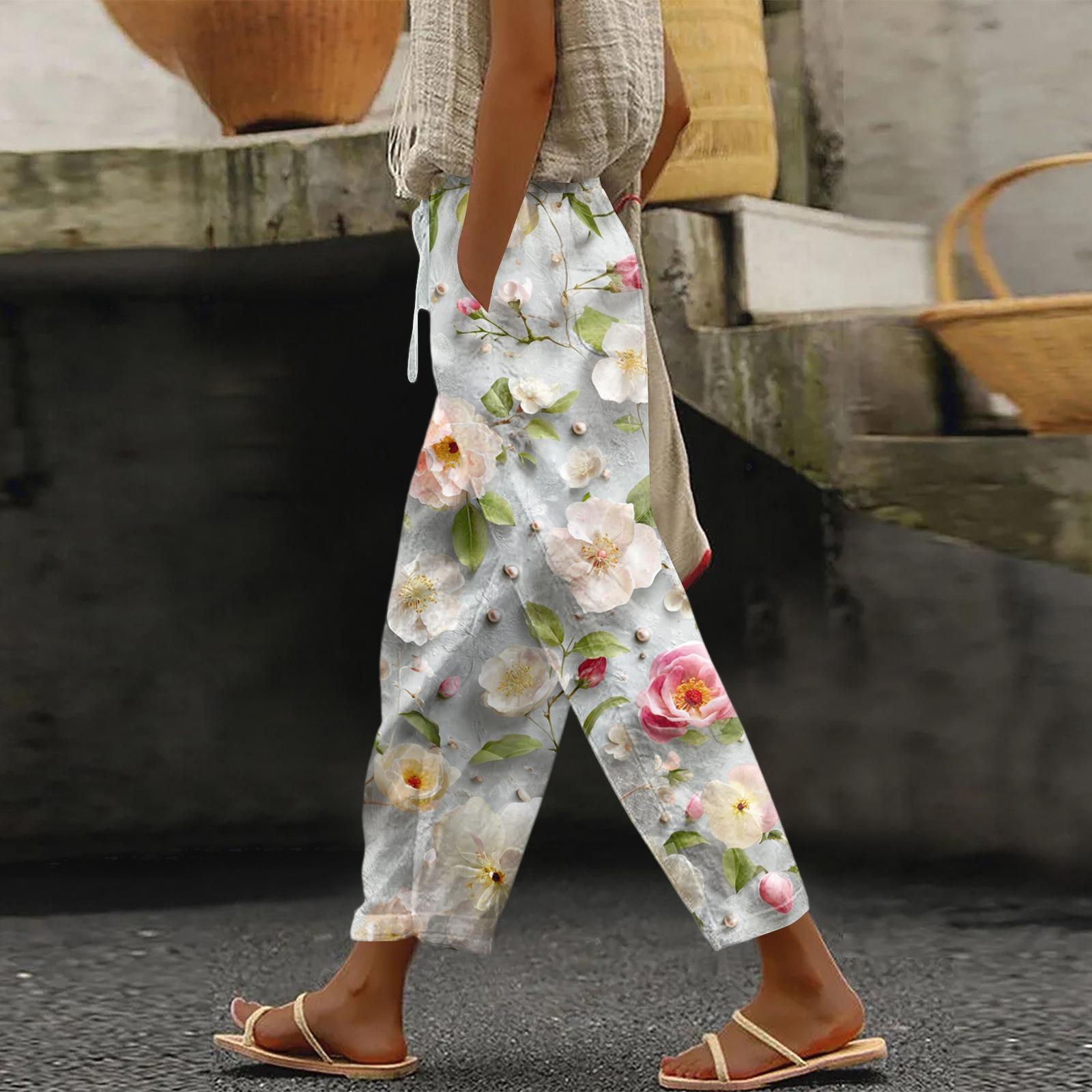 

Women s Fashionable Floral Print Drawstring Pocket Elastic Waist Casual Pants L