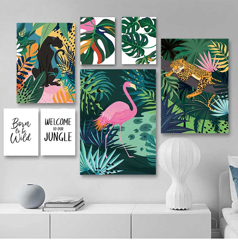 Posters and Prints Monstera Leaf Canvas Painting Wall Art Pictures for Living Room Home Decor Flamingo Leopard Jungle Nordic