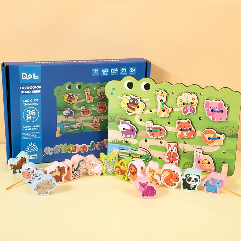 Children'S Wooden Early Education Cartoon Threading Board Animal Beaded Two-In-One Pairing Educational Cute Fun Toy