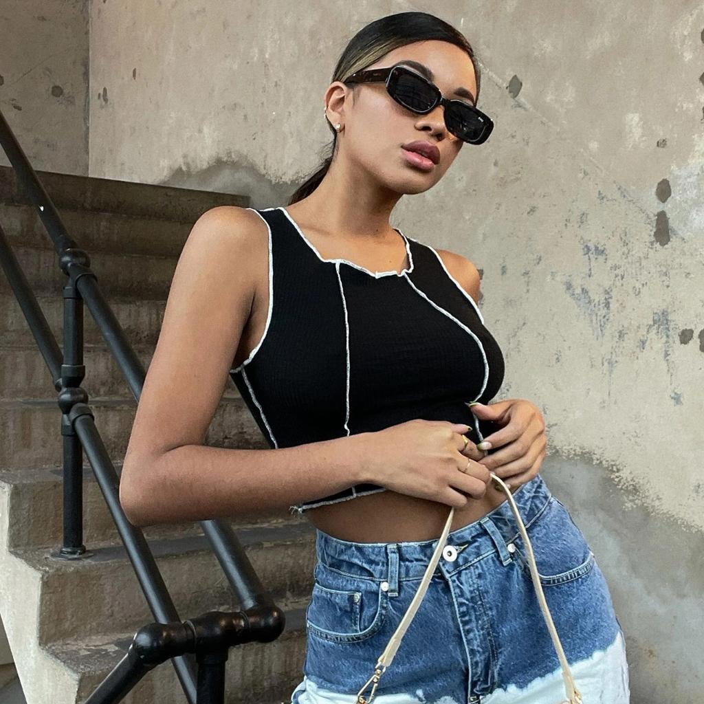 Summer Women Contrast Stitching Tank Top Camisole Vest Fashion Round Neck Navel Exposed Slim Tee Sleeveless Crop Tops Y2k