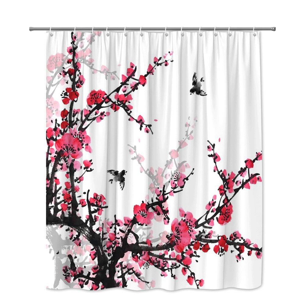 Chinese Ink Plum Blossom Shower Curtain Red Flowers Birds Artistic Design Eastern Aesthetic Decor Waterproof Quick Setup