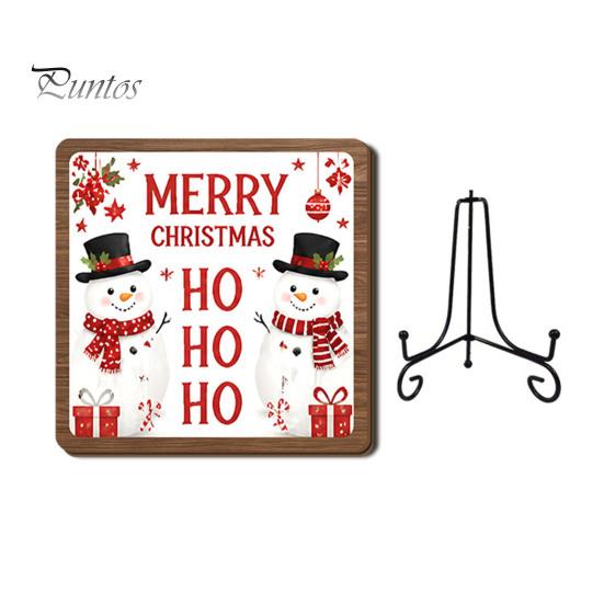 Christmas Hanging Ornament Wooden Tabletop Decor, 2D Pet Santa with Iron Stand, Rustic Festive Home Accents Holiday Sign for And Cafe Shelf,