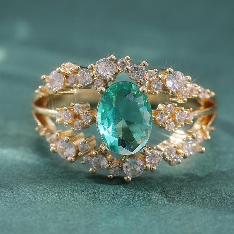 Gorgeous Sparkling 3layer Women Golden Plated Rings Olive Green Synthetic Zirconia Elegant Wedding Anniversary Jewelry Accessory