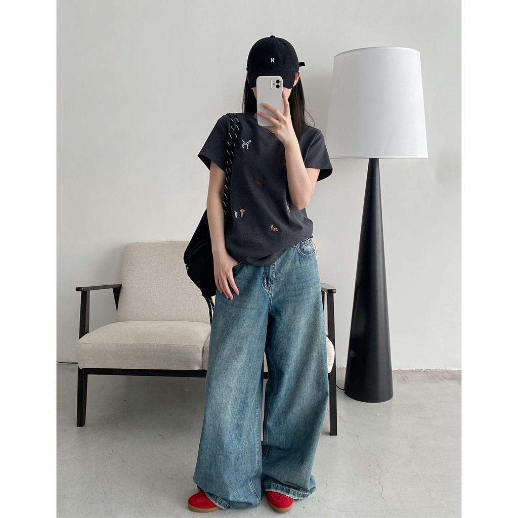 Women's Summer Slimming Round Neck Puppy Embroidery T-Shirt