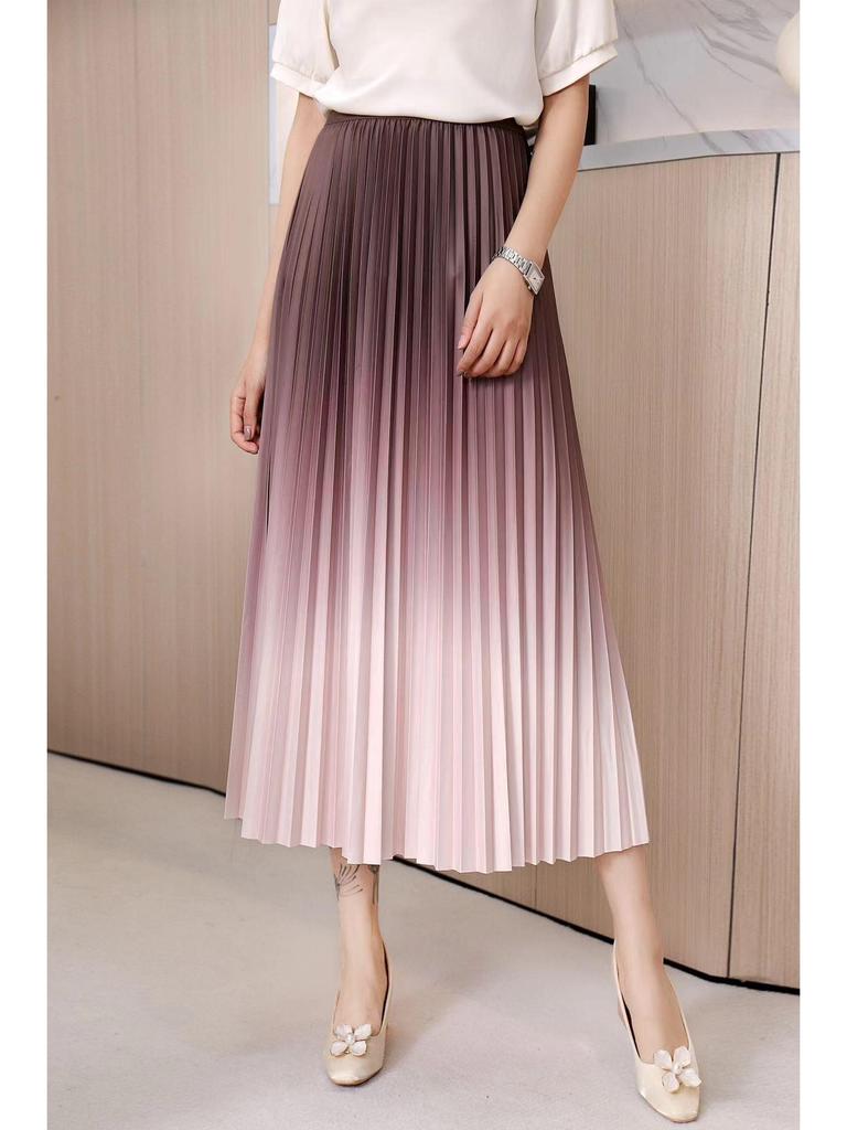 Women's Gradient Pleated Midi Skirt: Classic A-Line Slimming Design for Spring & Summer