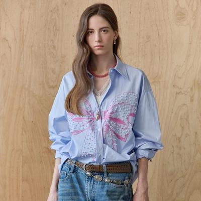 Pearl Decor Ribbon Print Cotton Shirt Blouse Ze05qb012nh