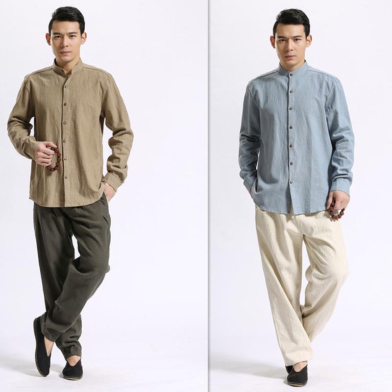 Ma Fan Buyi 2025 Chinese Style Men's Linen Shirt with Coconut Button and Stand Collar