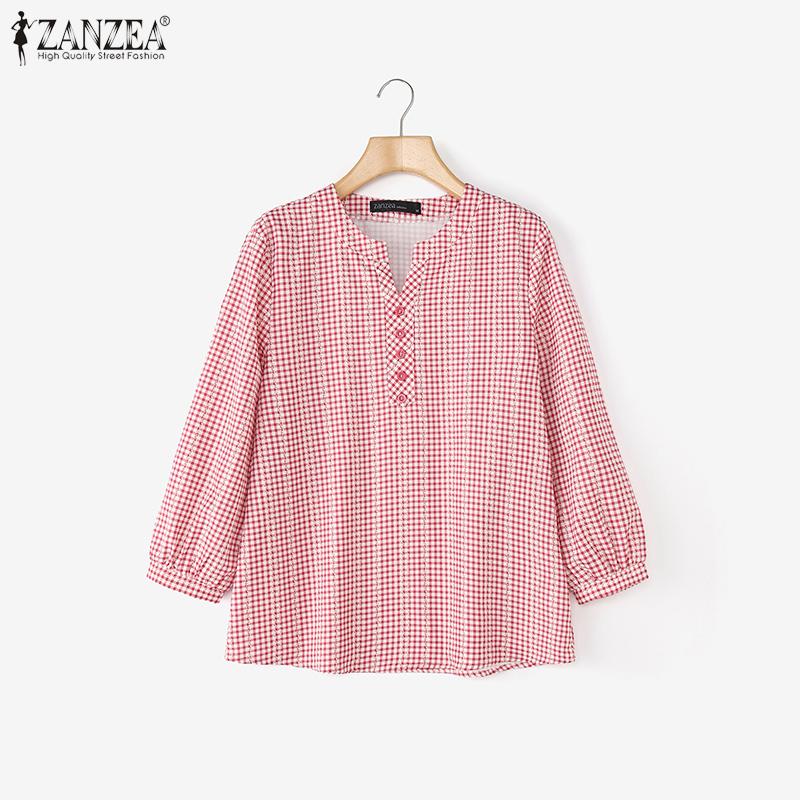 ZANZEA Women Casual Round Neck Grid Print Loose 3/4 Sleeve Blouse