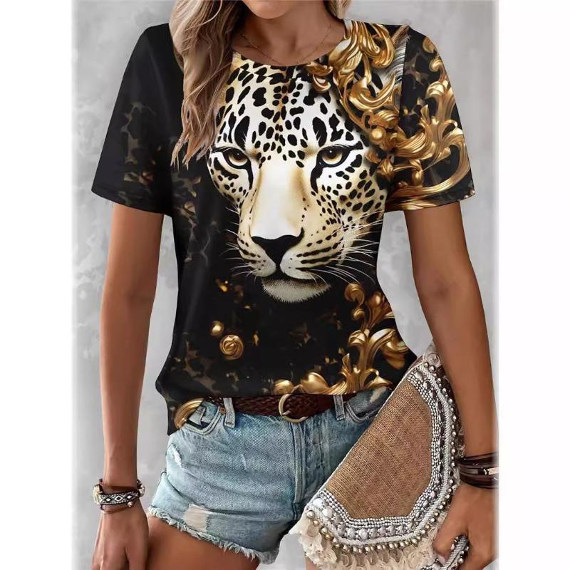 Sommer Damen Pendelshirt mit Löwenprint, Rundhalsausschnitt, kurzärmlig