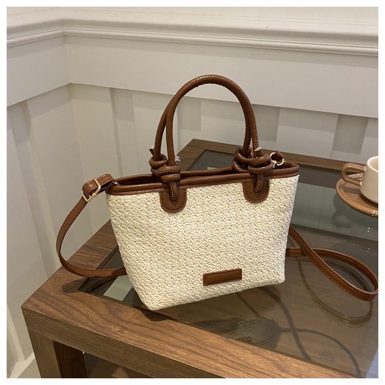 

Stylish Khaki And Cream Woven Shoulder Bag For Women With Large Capacity For Beach And Commute OffWhite