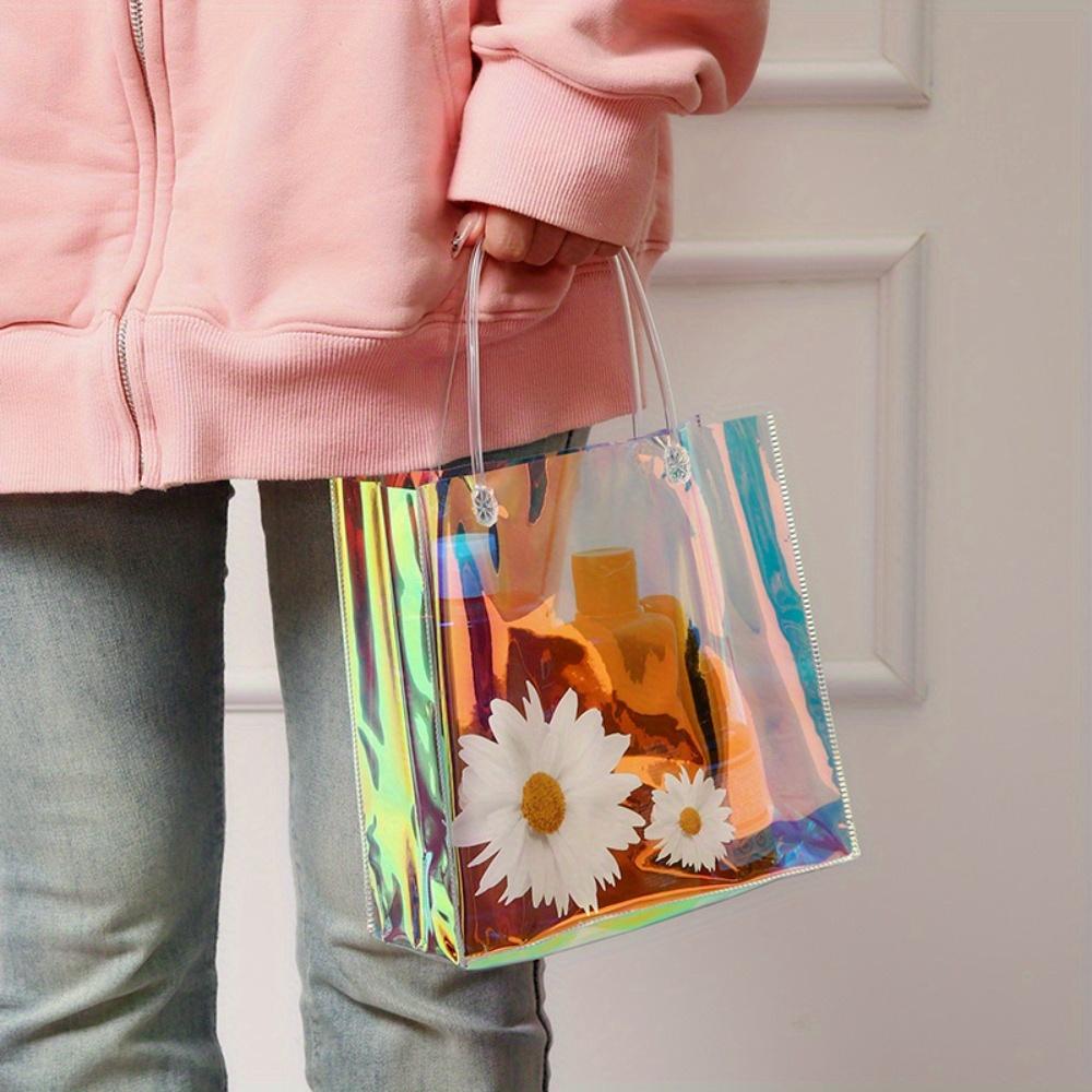 4pcs Holographic Clear Gift Bags with Handle Party Favor Bags Plastics Shopping Bags Goodie Bag Tote Bags Rainbow Holographic Gift Bag Gift Wrap Bag