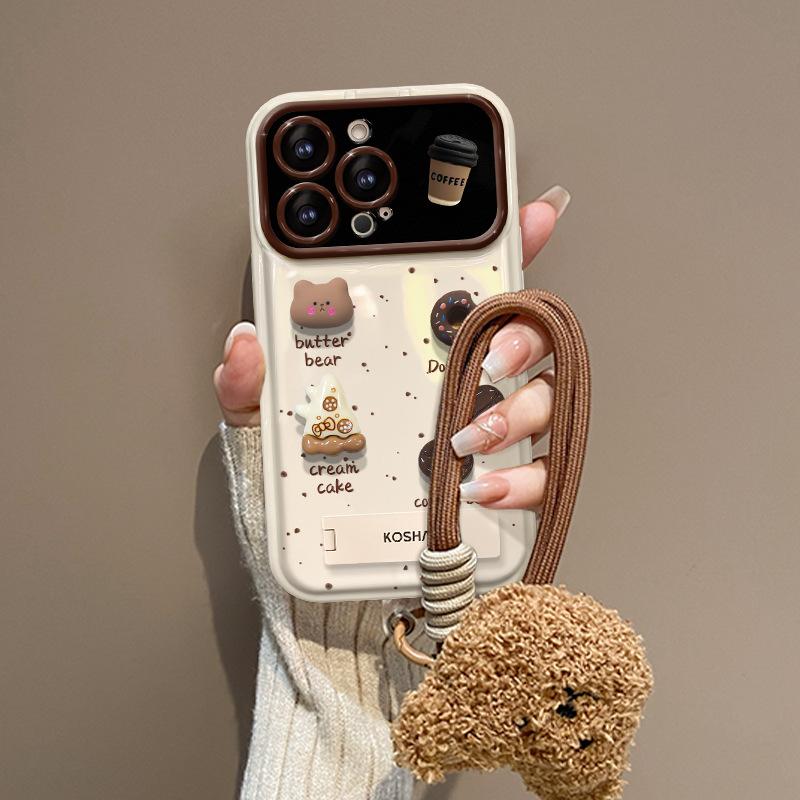 Coffee Doll Plush Lanyard Suitable for Apple 16PRO Large Window Mobile Phone Case 15 Silicone Anti-drop 8 Flip Mirror