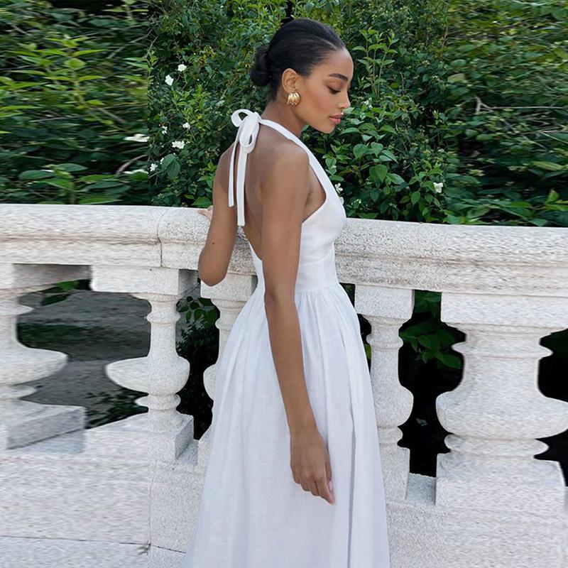 Bílé bavlněné halter šaty s výstřihem do V, sexy odhalená záda, dámské šněrovací A-line šaty, top v pase, velká sukně, módní plážové šaty na dovolenou, léto nové