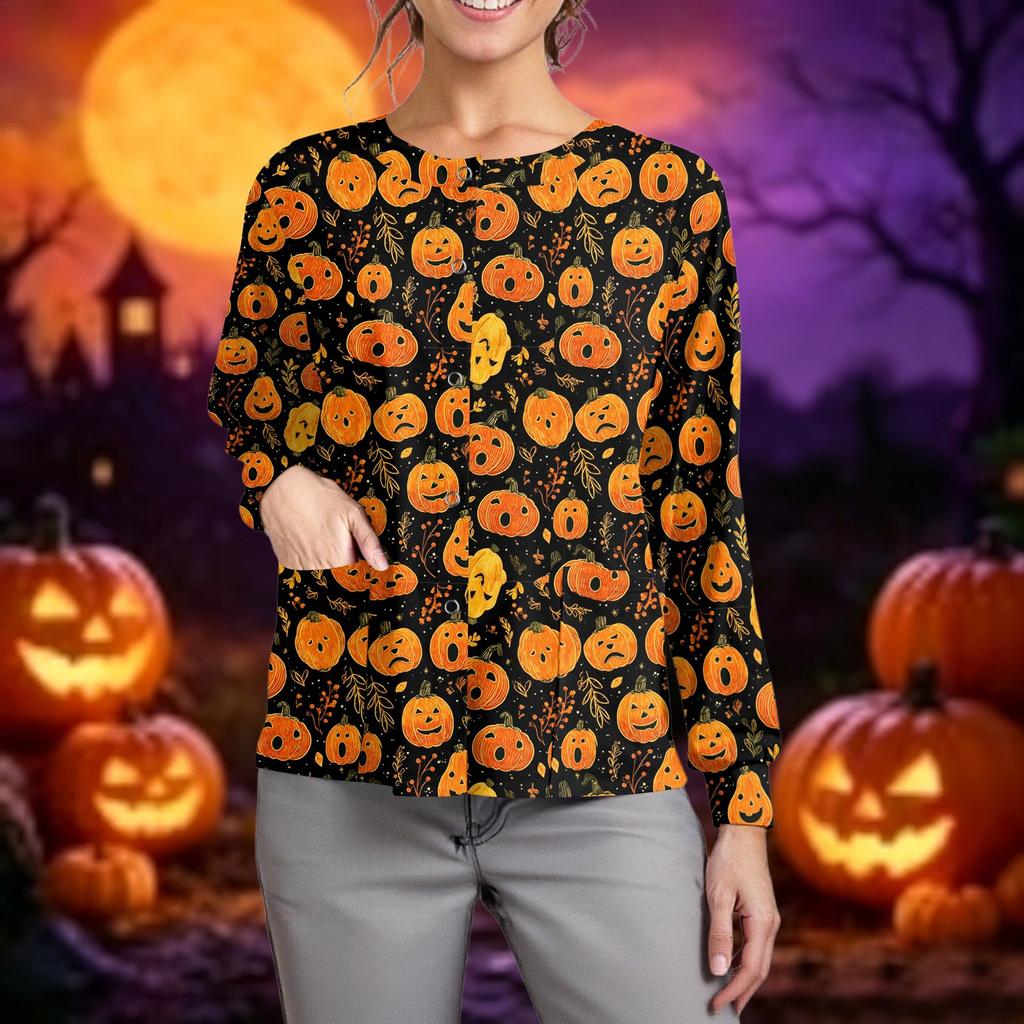 Women Long Sleeve Button Front Cardigan Halloween Print Lightweight Casual Workwear Cover Up Shirt for Caregivers and Daily Wear