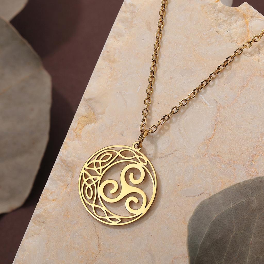 Kinitial Crescent Moon Triple Spiral Trinity Knot Pendant Necklace Women Stainless Steel Jewelry Celtic Triskele
