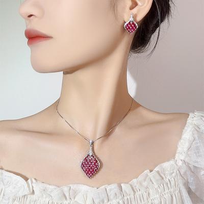 Set Necklace Earrings Jewelry Treasure Red Corundum High-End Jewelry Light Luxury Women'S Goods