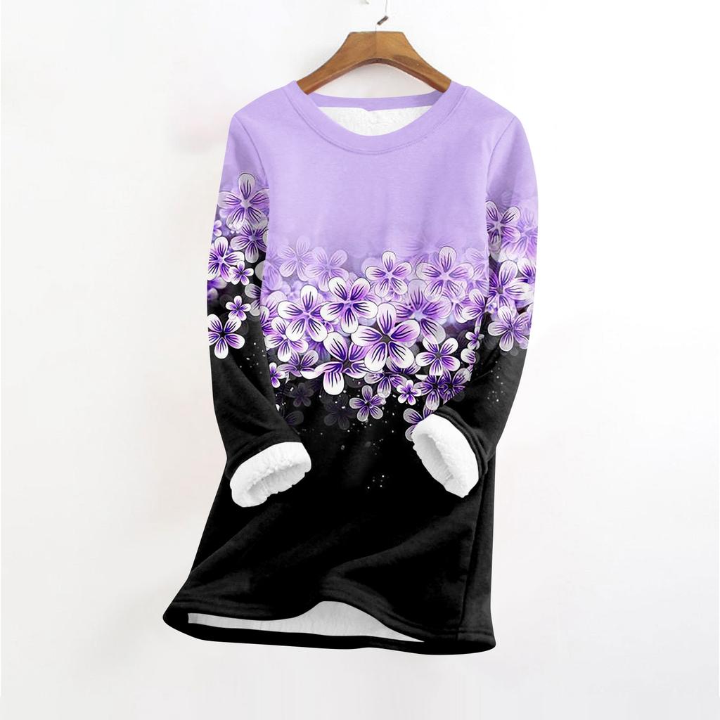 Women's Fashionable Printed Round Neck Long Sleeved Plush Warm Pullover Top