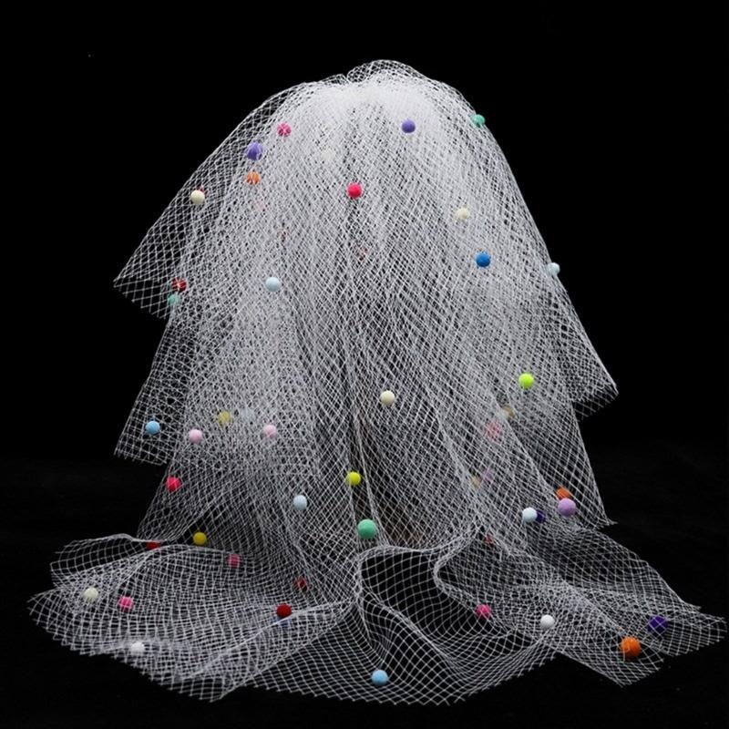 Graceful Bride Lace Veil Women Masquerade Tulle Bachelorette Party Veil with Color Pompoms for Girls Photography