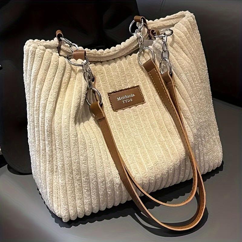 An Elegant Corduroy Handbag for Women,Featuring A Chain Shoulder Strap,Spacious Design,Perfect for Daily Commuting,with A Polyester Lining,Zip Closure