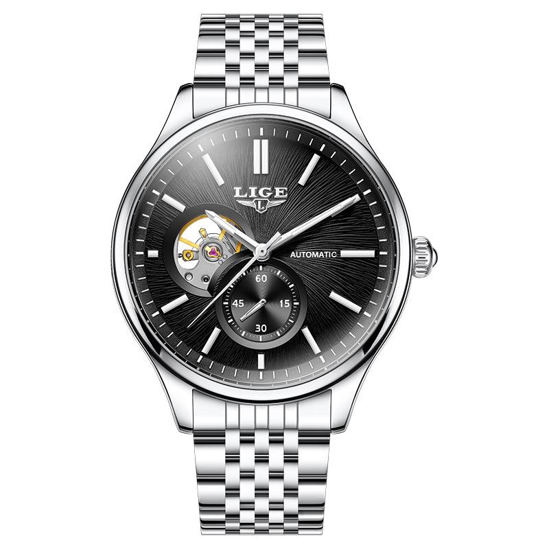 Men's Luxury Waterproof Automatic Mechanical Watch with Steel Band and Luminous Skeleton Design