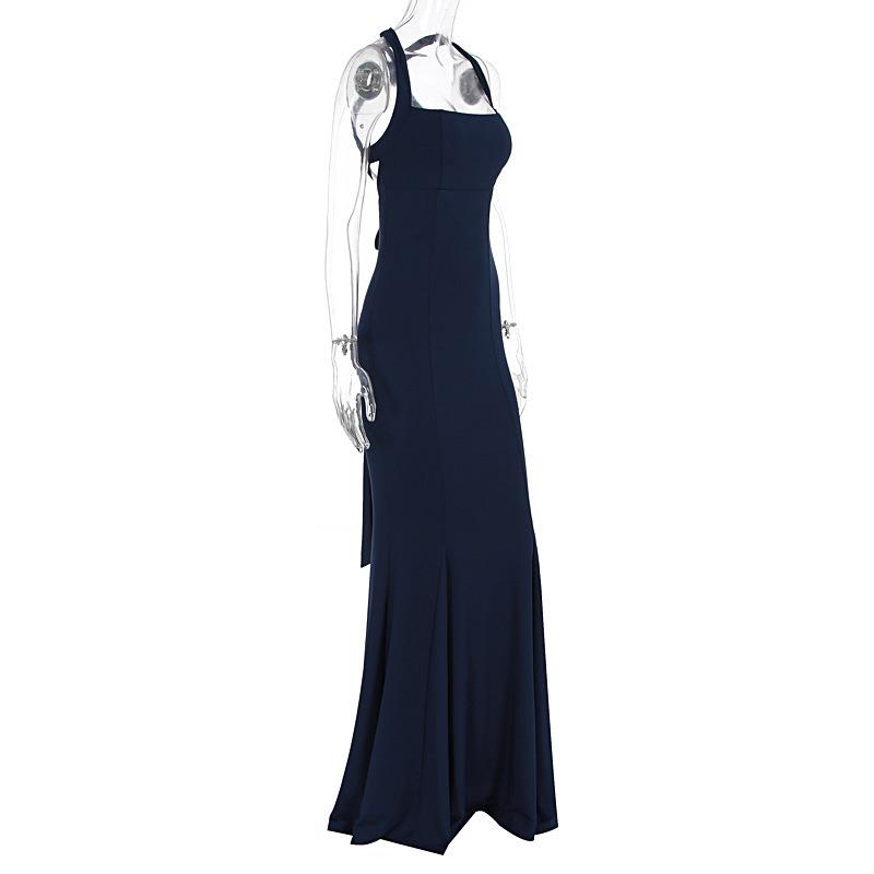 Womens Navy Blue Halter Neck Mermaid Maxi Dress Sleeveless Bodycon Evening Party Gown