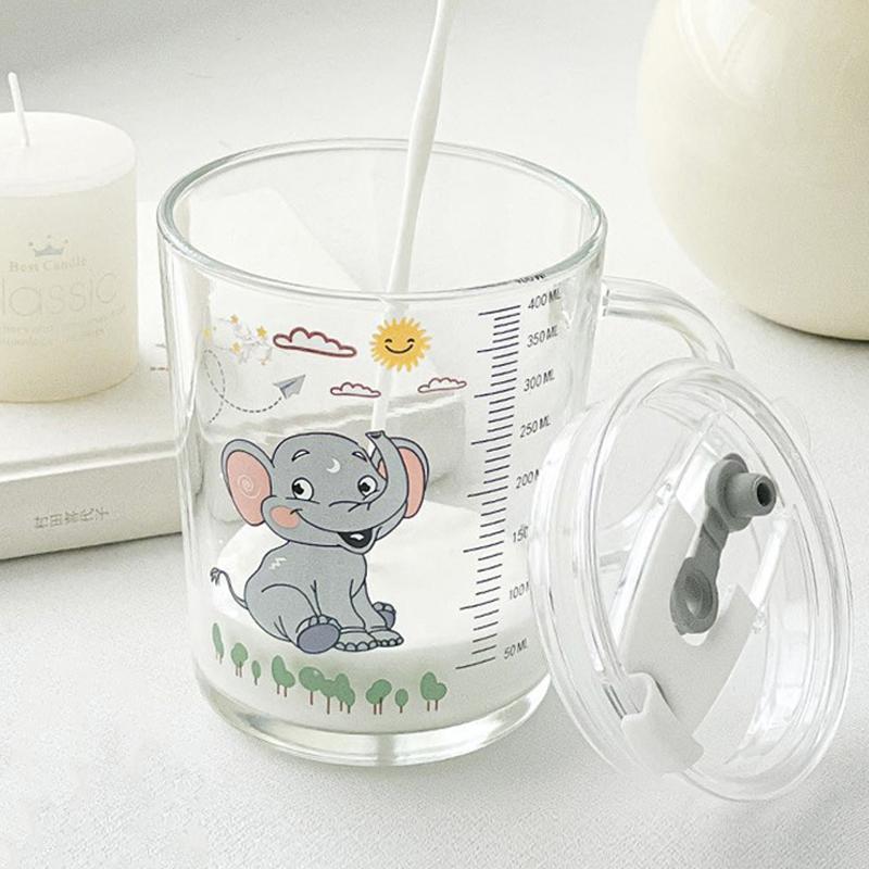 Kids Straw Cup With Lid And Handle Cute Glass Tumbler Baby Feeding Water Bottle Cartoon Glass Cup For Kids Drinkw