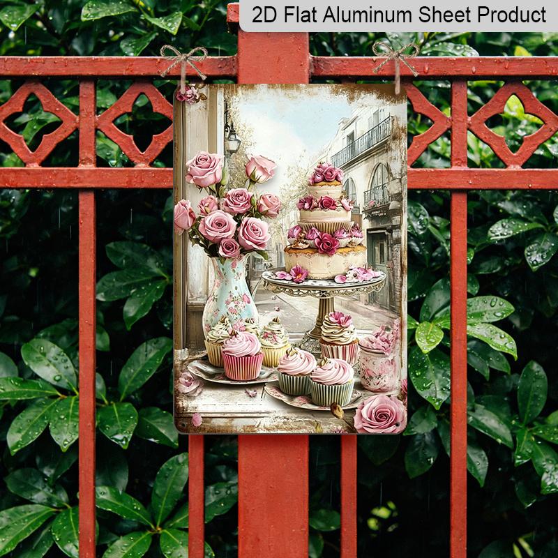 2D Flat, 1pc Vintage Metal Wall Art with Pink Roses, Cupcakes & Elegant Cake - 8x12 Inch Aluminum Kitchen Dining Room Decor Suitable for Cafe, Bar