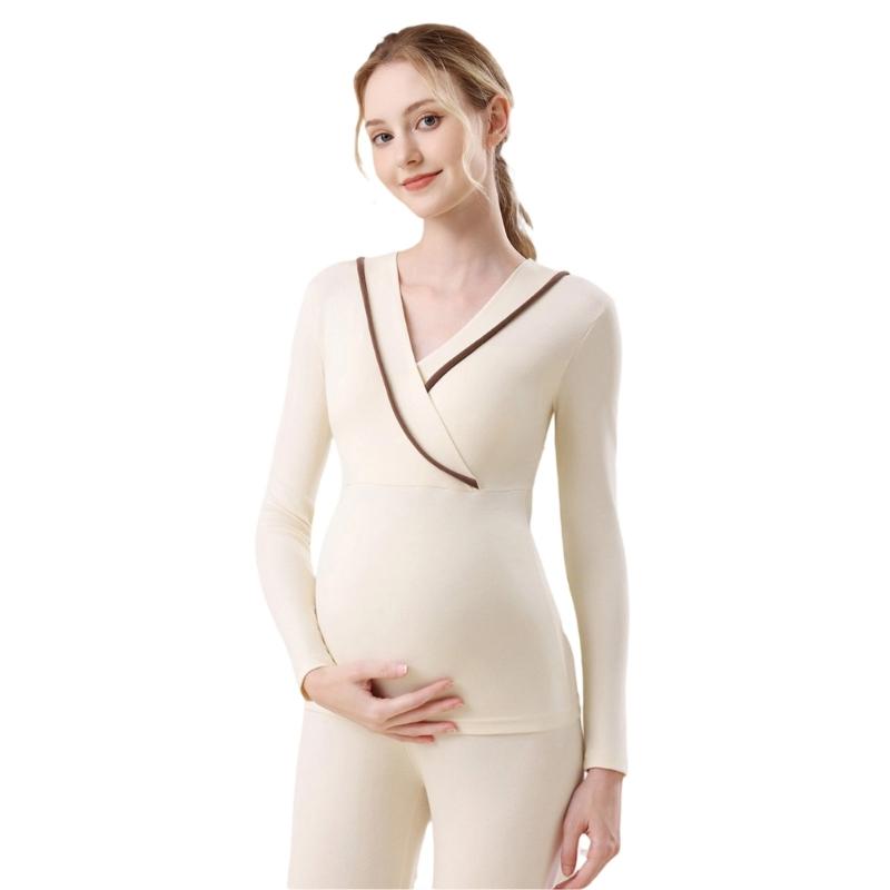 

Cozy Warm Nursing Pajamas Outfit For Pregnant Women Breastfeeding Friendly Winter Sleepwear Maternity Clothes L бежевий