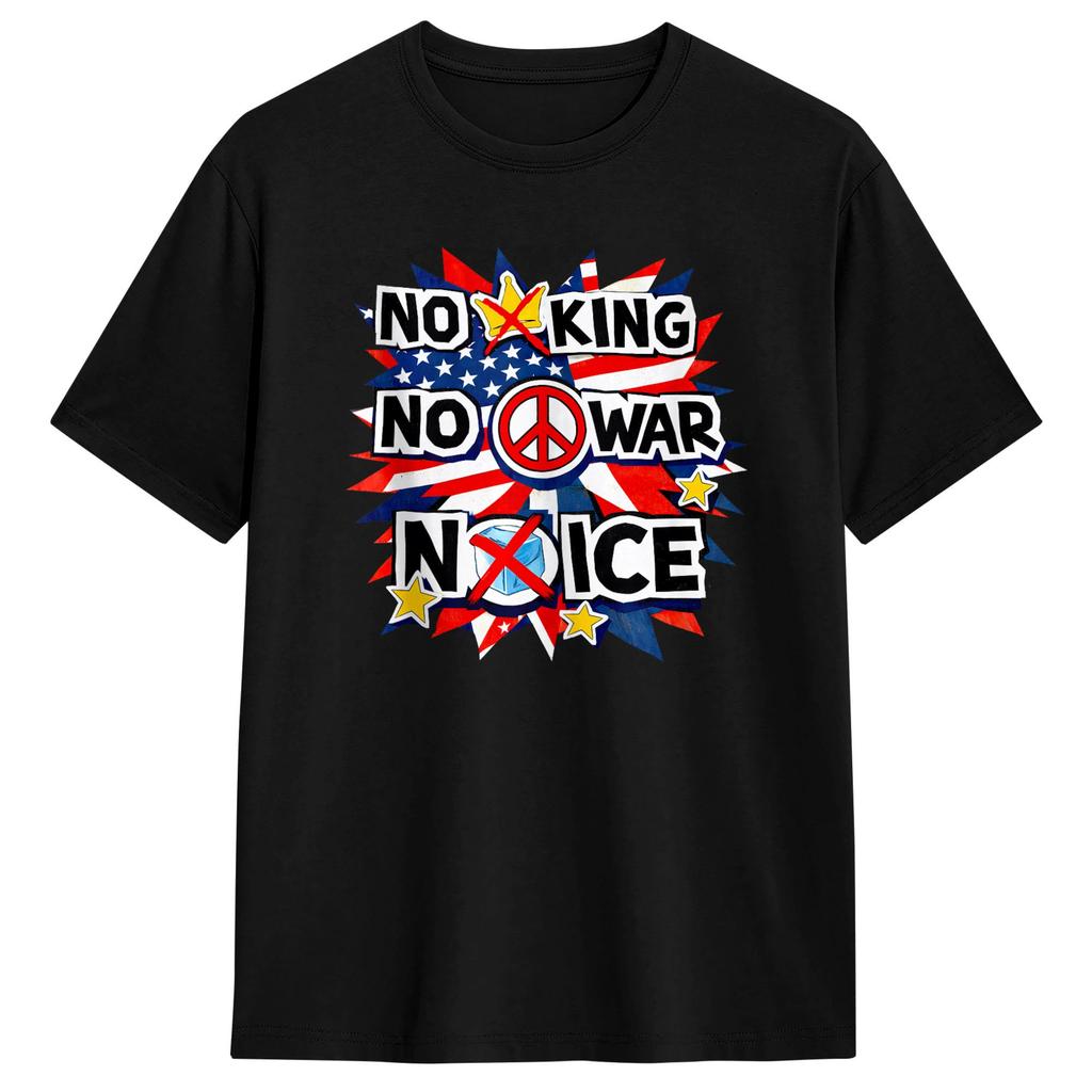No King No War No ICE Patriotic Poster TShirt for Unisex Crazy Cotton Tee Shirt Round Neck Short Sleeve T Shirts Original Clothes