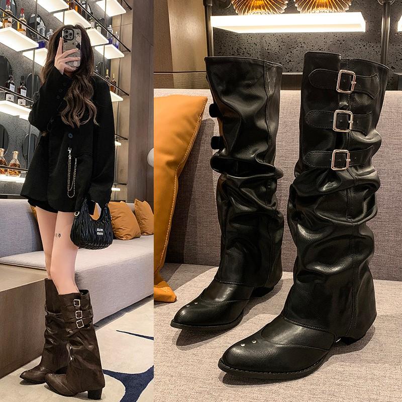 Fashion High Quality Wasteland style Vintage Detachable Boot Barrel Western Boots for Women Black Belt Straps Boot Shoes