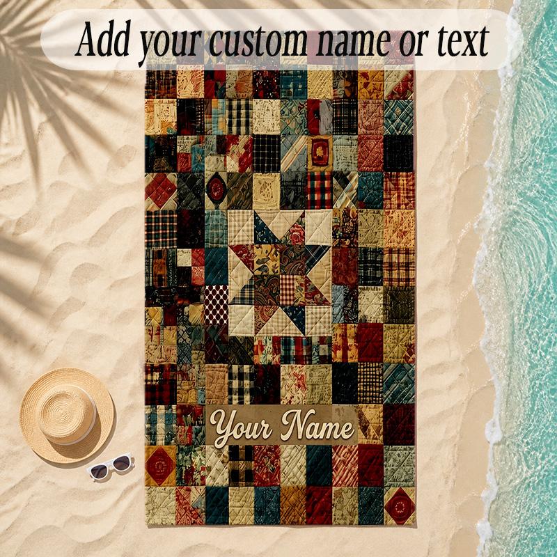 Quilt Theme Soft Beach Towel Personalized Custom Name Text Towel Portable for Beach Pool Travel