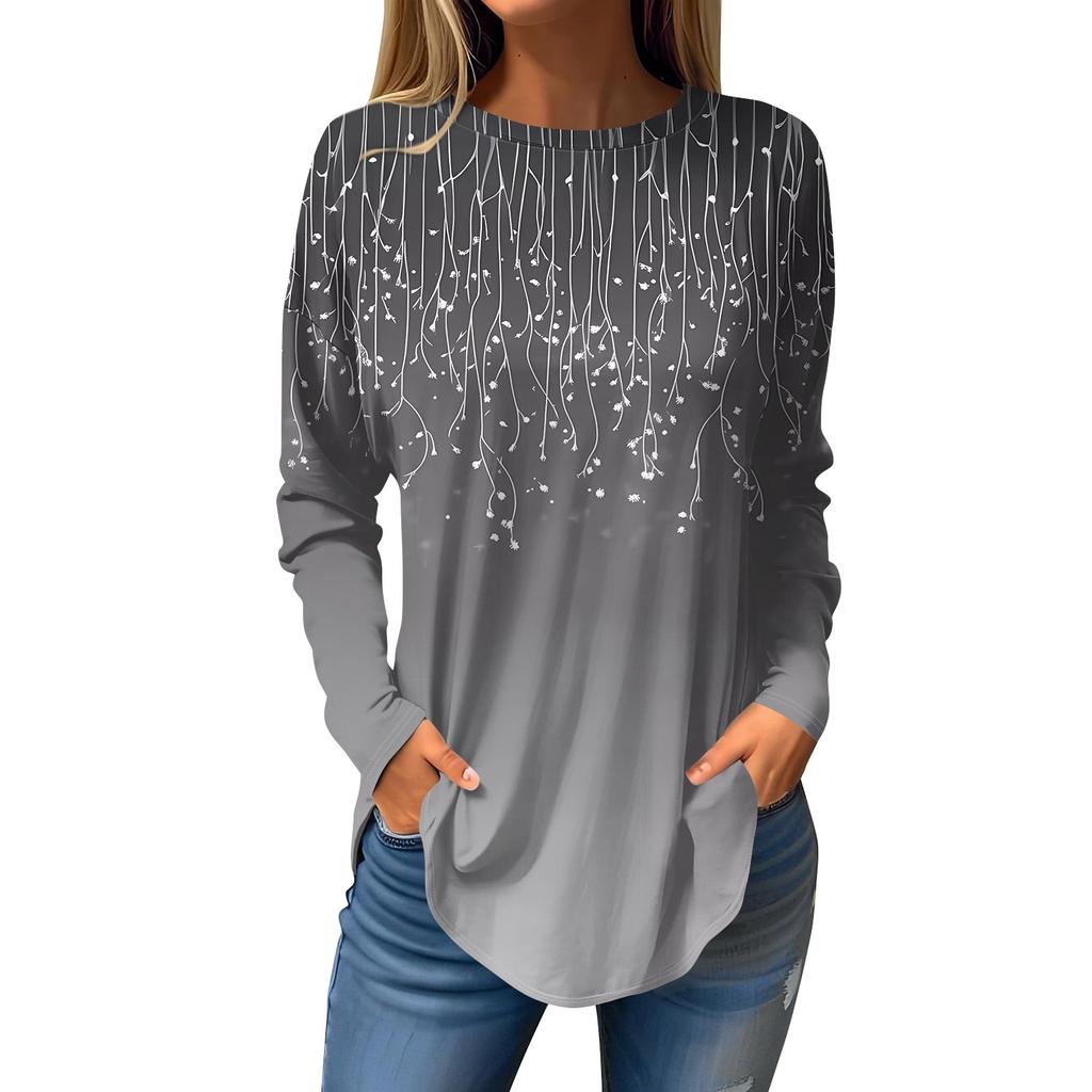 Damen T-Shirt mit Rundhalsausschnitt, lockerer Schnitt, langärmelig, Top, Pullover