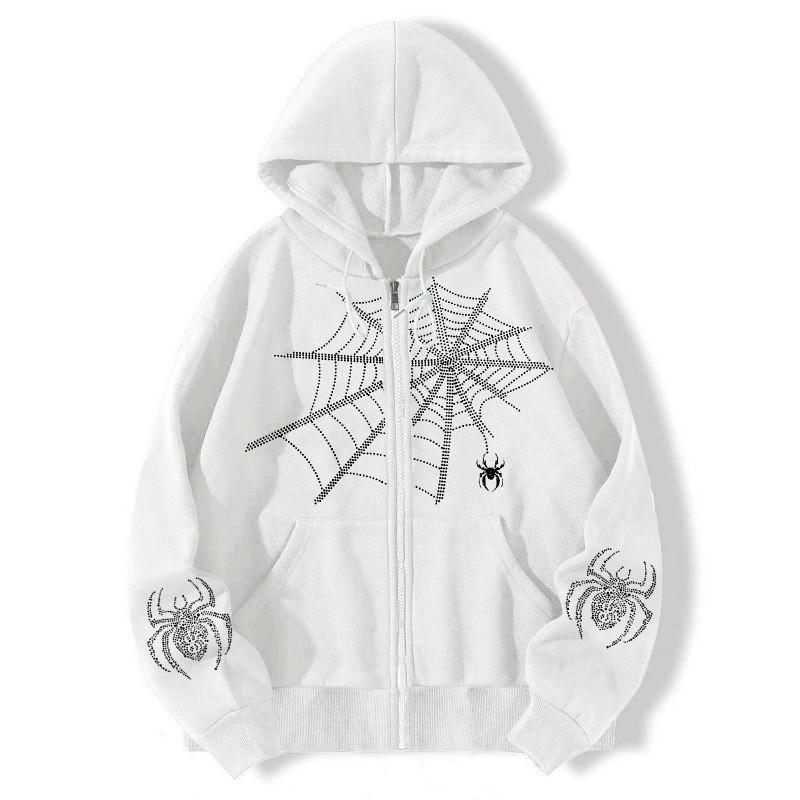 Mens Oversized Hooded Zip-Up Sweatshirt With Spider Print Retro American Style Loose Fit Winter Outerwear