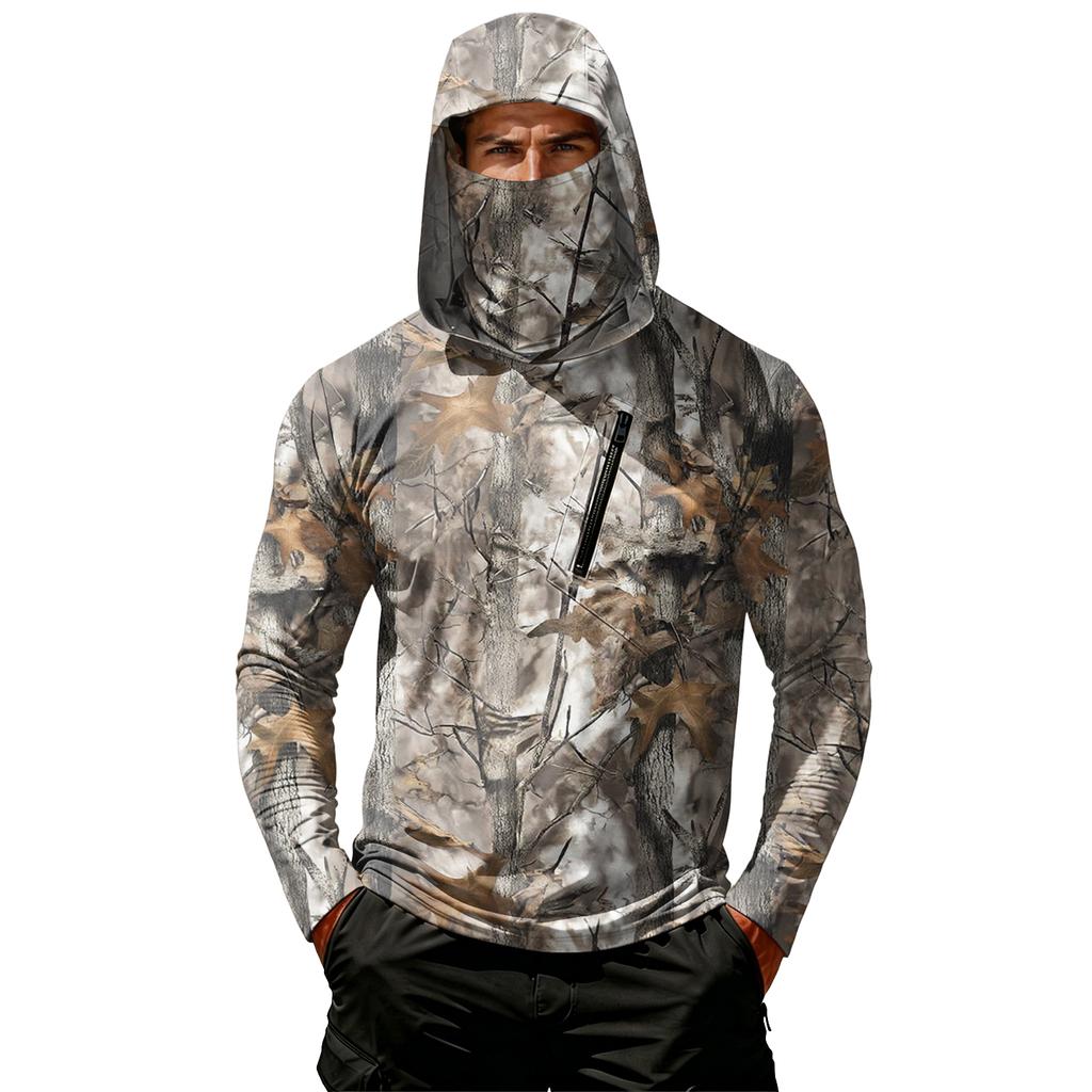Men's Casual Long Sleeve Hoodie Lightweight Sun Protection Jacket Leaf Camouflage Print Outdoor Sportswear with Hood and Zipper Pocket