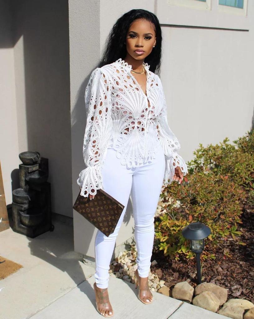 Women’s Sexy Ruffle Long Sleeve Summer Lace Tops 2026 Puff Flare Shirt V Neck Hollow Out Button Down Tunic Blouses